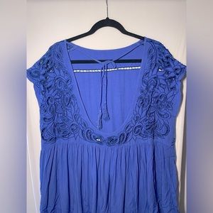 Free People Embroidered Royal Blue Backless Blouse
